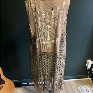Brown Crochet Fringe Maxi vest  with Embroidered back s/m festival beach wear